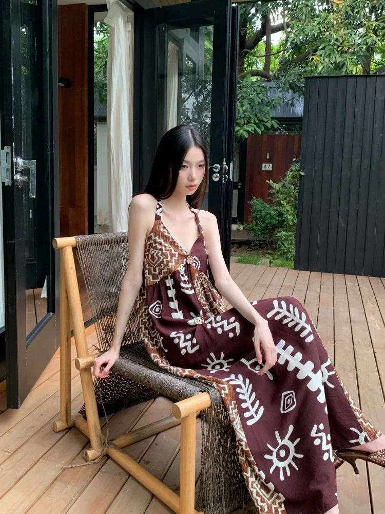 CHEERART Boho Tribal Patchwork Marrone Abito lungo per donna 2025 Estate Backless Scollo a V Una linea Halter Maxi Dress Abiti da vacanza