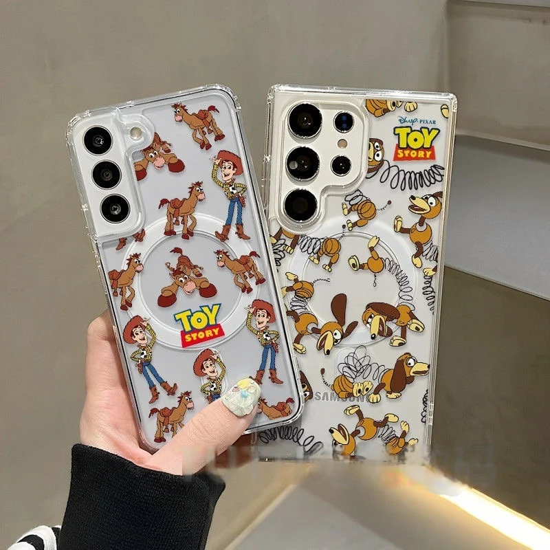

Cute Cartoon Toy Story Woody Slinky Dog Magsafe Wireless Charge Case For Samsung S22 S23 S22 S24 S25 Ultra Plus Magnetic Cover
