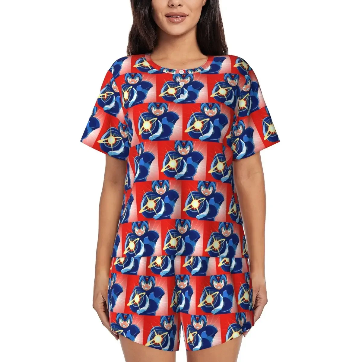 

Megaman Video Game Mega Man Round Neck Short Sleeves Nightdress for Sleeping Sleepshirts Women Soft Pajama Set Short Pants