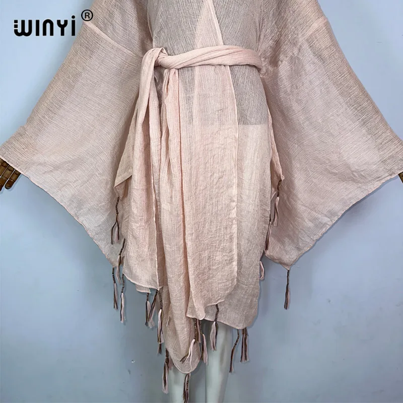 WINYI kimono Africa płaszcz z paskiem moda kaftans okrycie plażowe-up z frędzlami monochromatyczny kardigan stroje plażowe dla kobiet vestidos