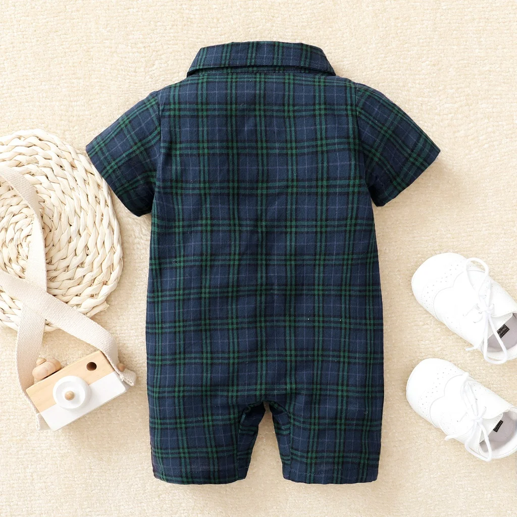 Baby Boy Jumpsuit Lapel Bow Checkered Short Sleeve Little Gentleman Jumpsuit for 0-18 Months Baby Boy Summer Fashion Clothing