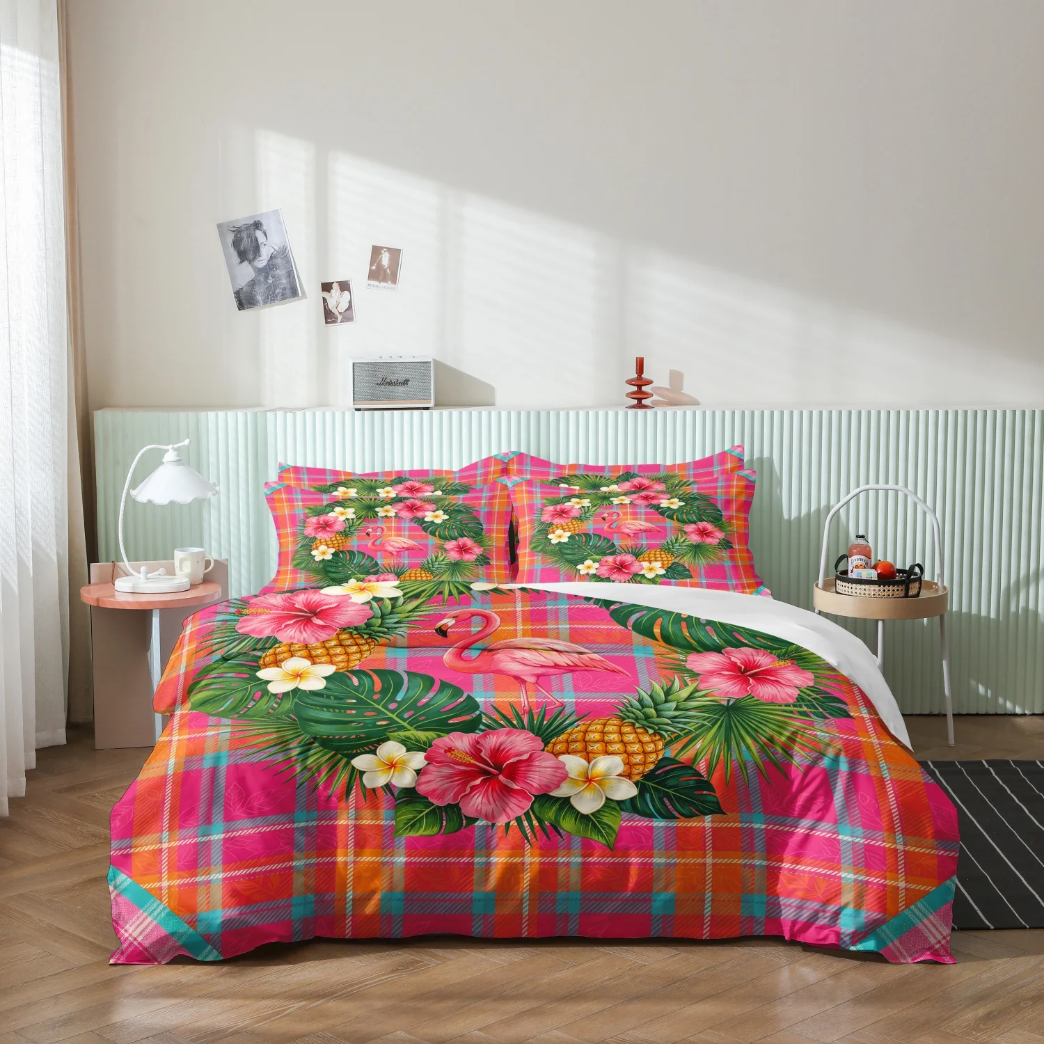  3Pcs Tropical Flamingo Print Duvet Cover Set, Colorful Plaid Pineapple Hibiscus Summer Hawaiian Print Bedding