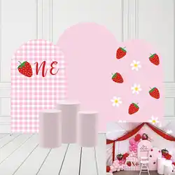 Mehofond Custom Berry First Birthday Pink Strawberry Girl Cover Arch Background Baby Shower Party Decor Backdrop Photo Doublesid