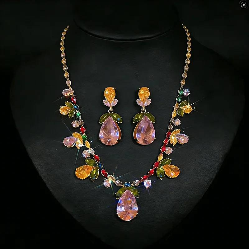 

Набор из 1/2 шт. цветных колье с подвесками в виде капли воды из циркона и ретро-серьг с листьями для невесты, коллекция для свадьбы A1