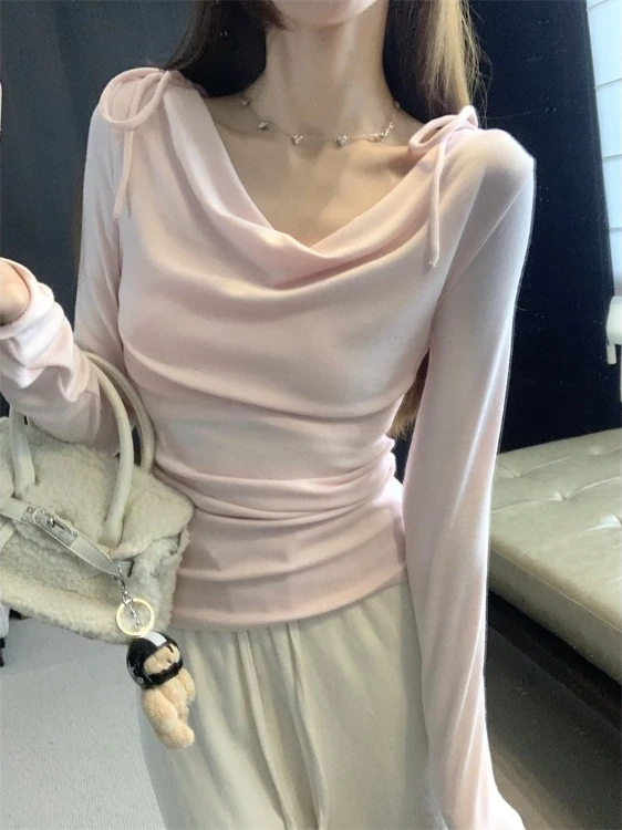 

Pink Long Sve Slim Fit Top for Women Casual Sle Knitted Cotton Base irt Spring Faion round Ne Regular Length