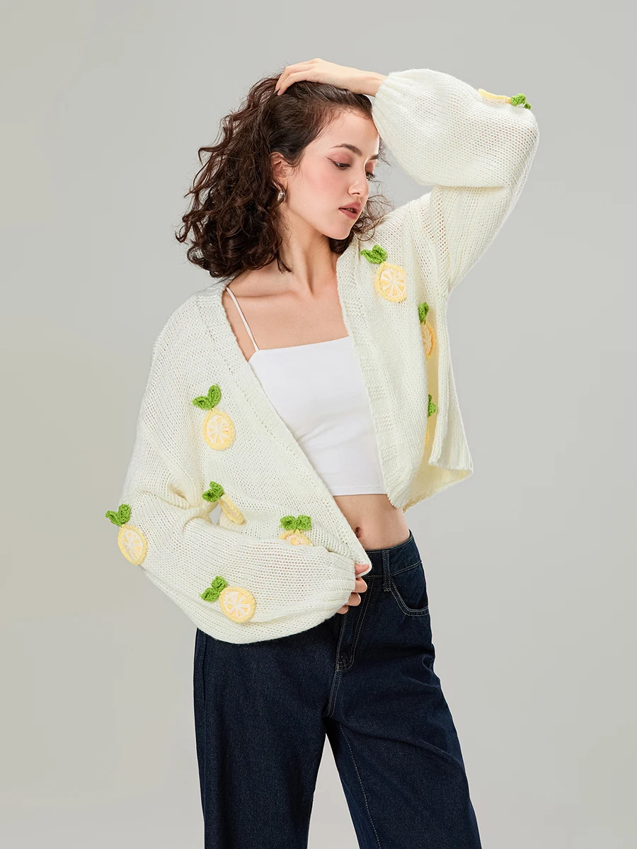 Women Knit Cardigan Long Sleeve Open Front Lemon Pattern Fall Casual Jacket Sweater