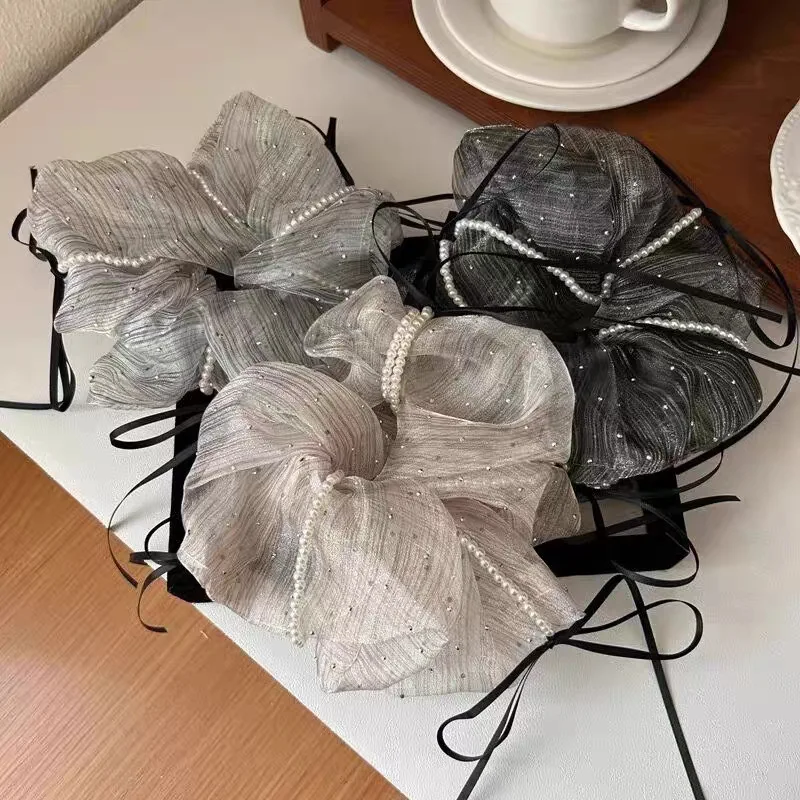 1pc Sweet And Elegant Bowknot Beaded Tulle Scrunchie Women's High-end Hair Rope Elastic Band