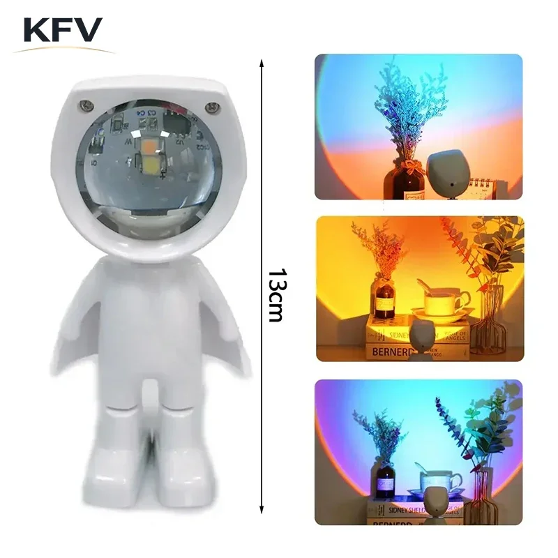 Lampe de Projection Coucher de Soleil KVF Robot Astronaute Arc-en-ciel, Lampe de Table Veilleuse, Lampe Coucher de Soleil à Intensité Variable Infinie, Lumière d'Ambiance pour Chambre à Coucher