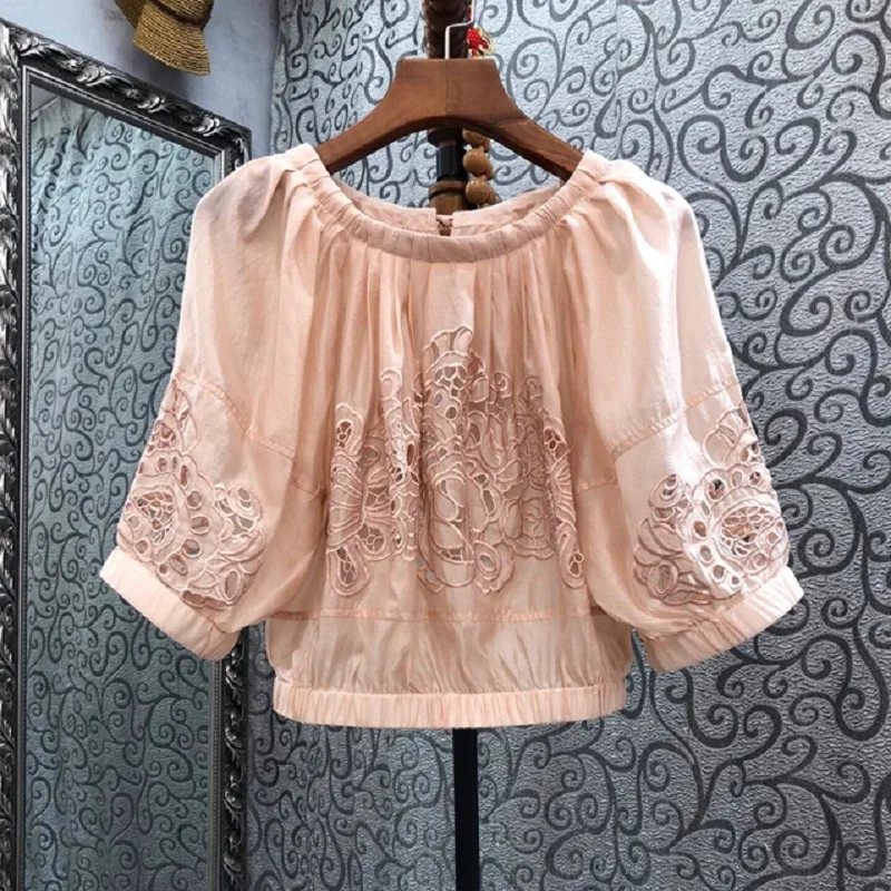 

Hollow Out Sexy Crop Tops 2023 Summer Fashion Style Ladies Luxurious Embroidery Short Sleeve Casual Beige Green Pink Tops Blusa