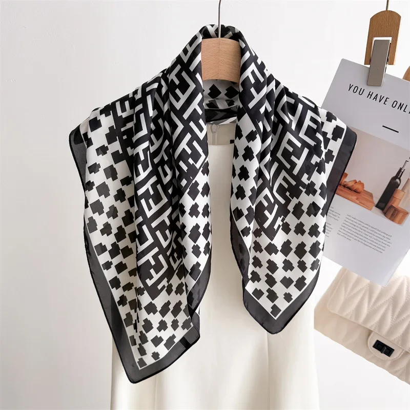 

68cm Checked Letter Printed Scarf Women's New Spring and Summer Imitation Silk Square Scarf High-end Versatile Shawl Headscarf