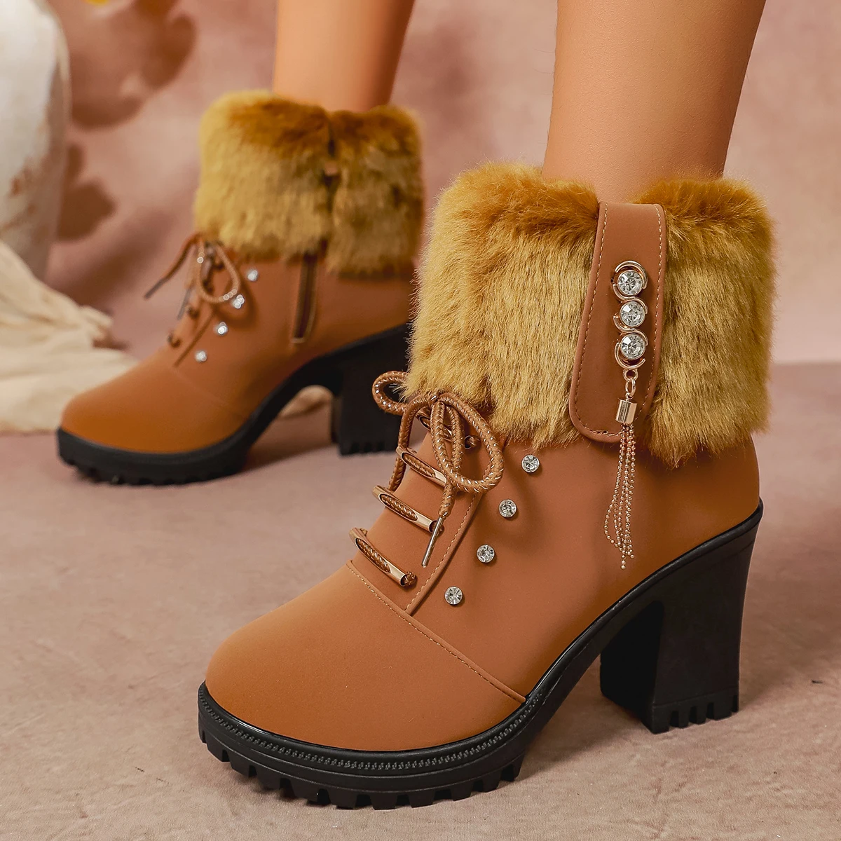 Women Winter keep warm plush zipper Boots Designer rhinestone tassel decoration chunky-high-heel Non-slip ankle boots Platform