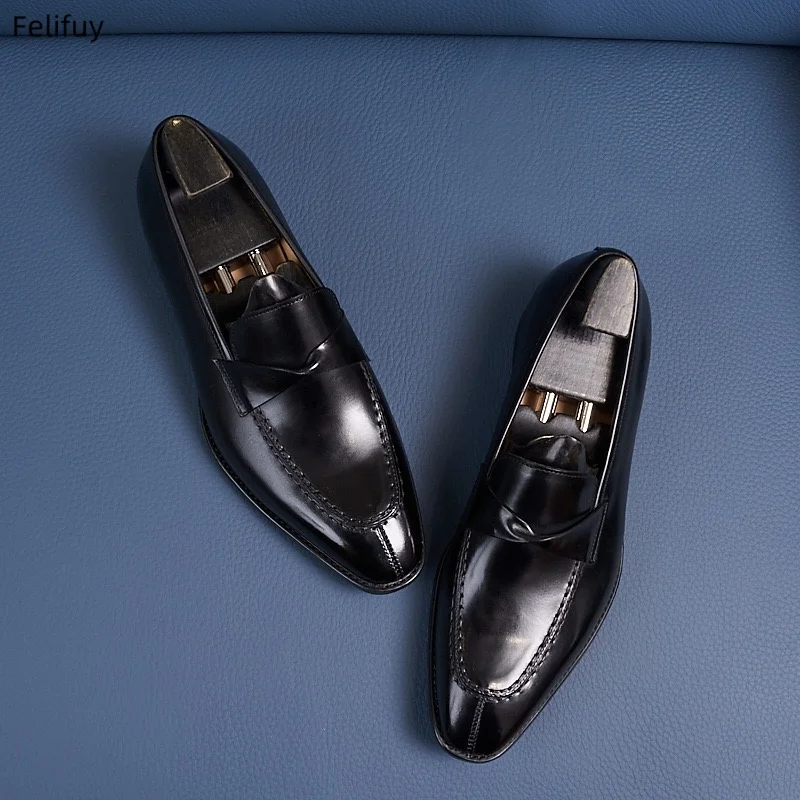 New Black Cowhide Men's Pointed Toe Dress Shoes Formal Party Genuine Leather Loafers Wedding Casual Flats Increased Men Shoes