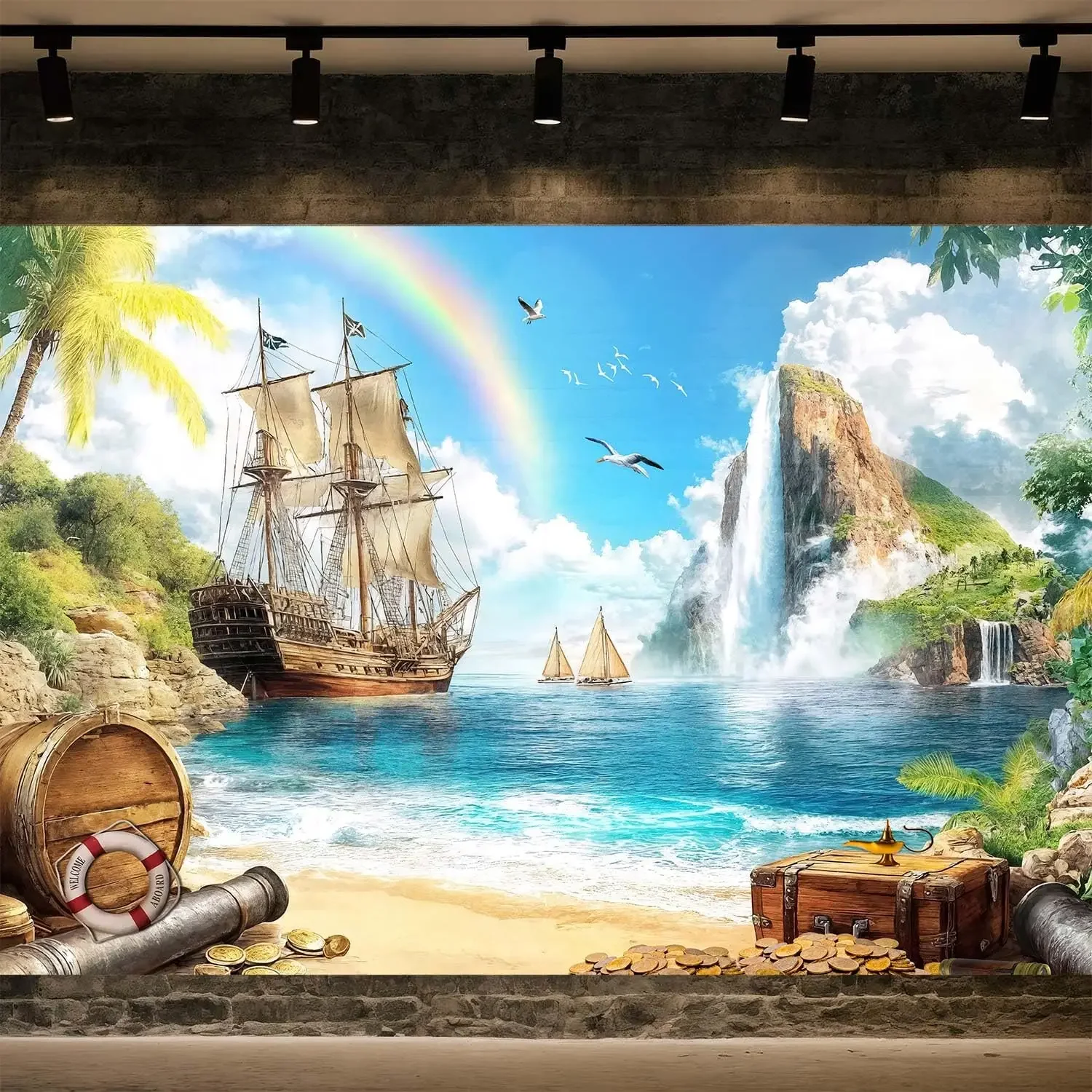 Large Polyester Tropical Flag Wall Hanging Pirate Ship Rainbow Waterfall Beach Mural Decor Adventure Coastal Art