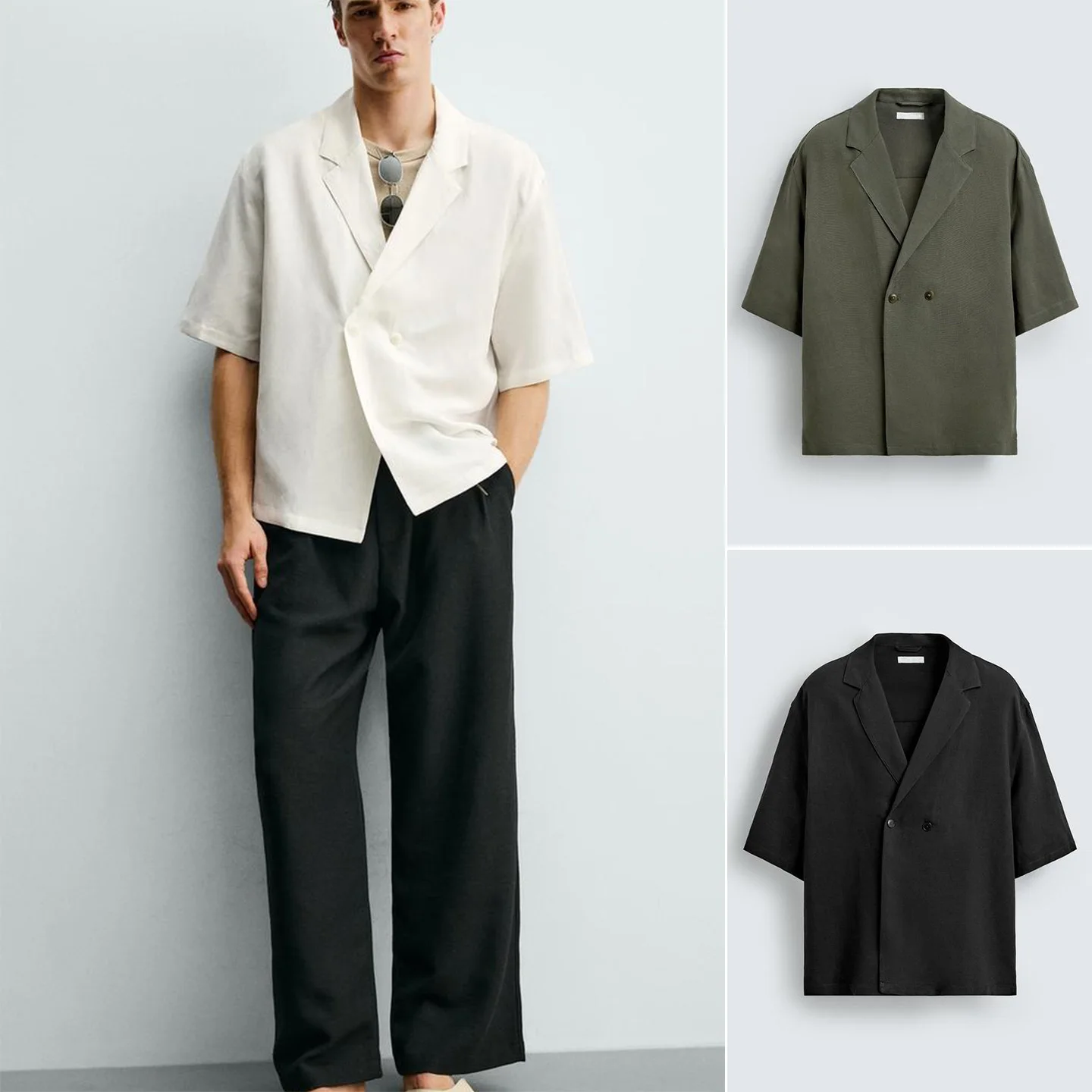 

Summer New Men's Loose Fit Short Sleeve Shirt Stand Collar Double Button Decorative Drape Shirt Casual Style Polyester Fiber