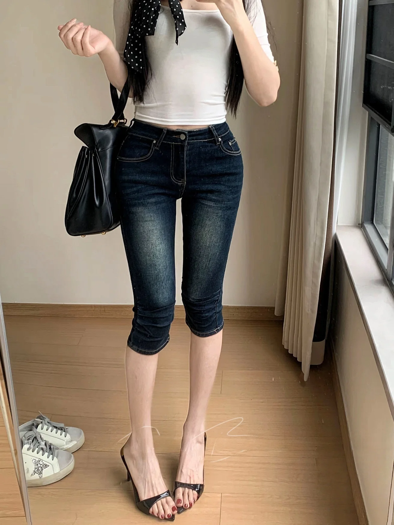 

High Waist Slim Fit Denim Jeans Women's Spring Summer High Elasticity Pleated Sixths Trousers Versatile Slimming Personality