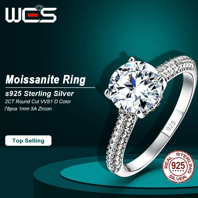 WES 2CT D Color VVS1 Moissanite Ring 925 Sterling Silver Pave Setting With 78pcs Zirconia Engagement Ring For Women Fine Jewelry