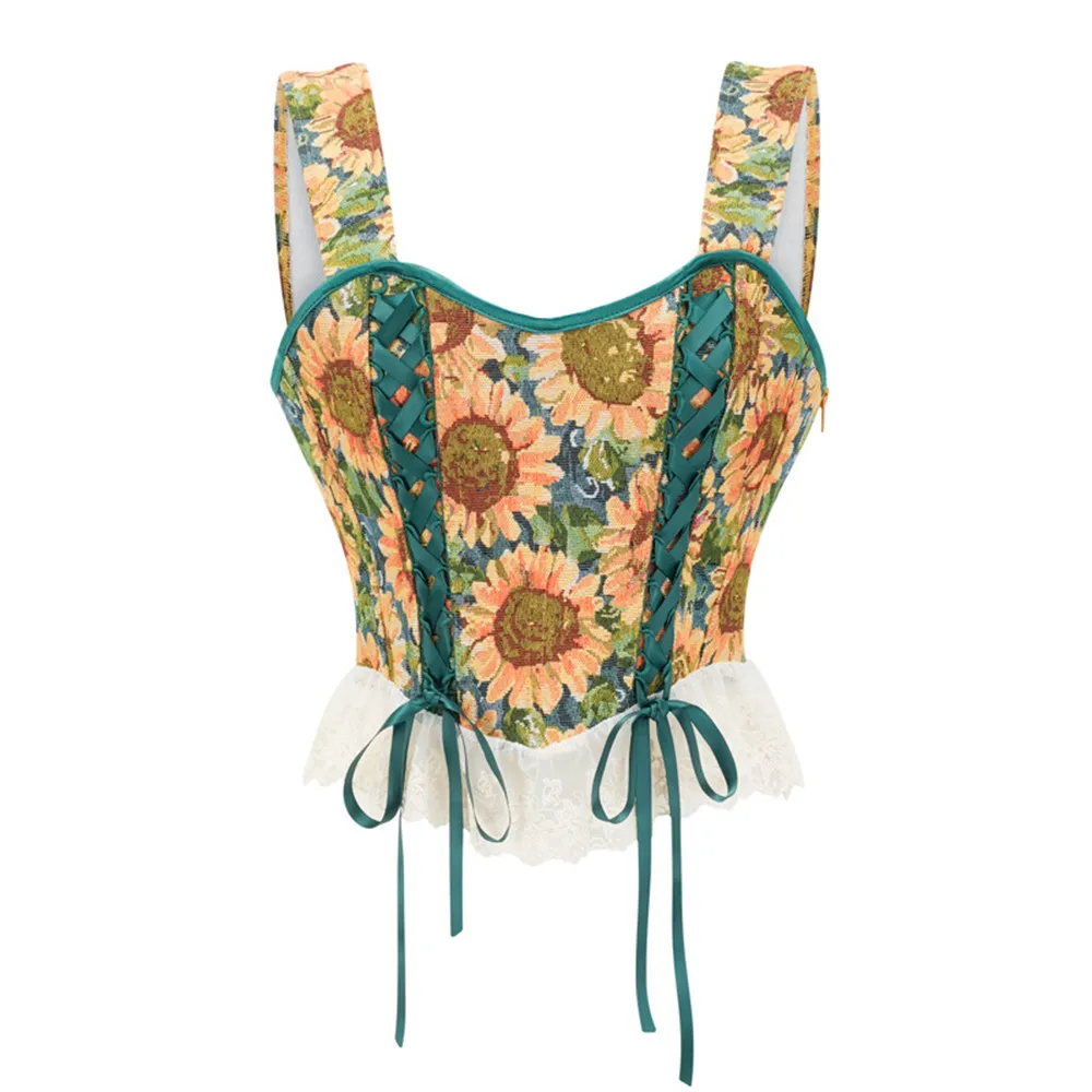 

Oil Painting Sunflower Flower Print Overbust Corset Vest Lace with Shoulder Straps Vintage Style Bustier Crops Tank Tops