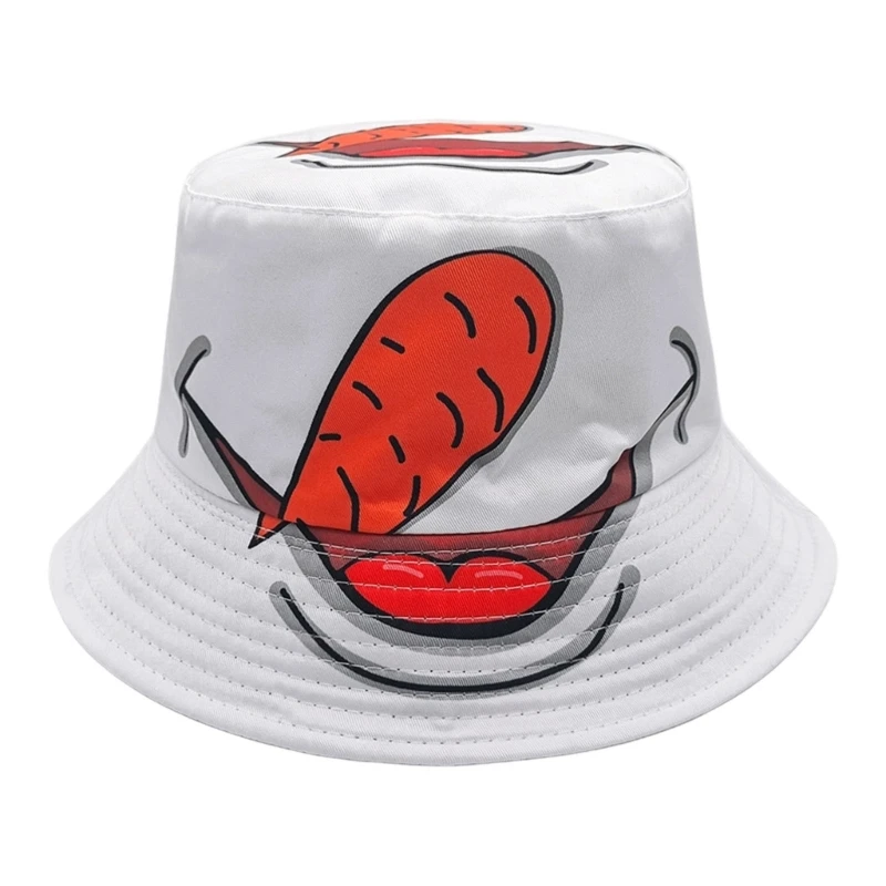 62KE Character Face Bucket Hat with Broad Downward White Polyester Printed Headwear for Christmas Holiday Party
