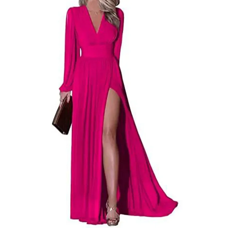 Customized V-neck Long Sleeve Design Feminine Elegant Formal Dresses Slim Waist Split Evening Dress Temperament Pleated V-back P