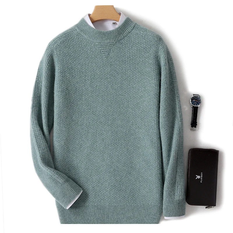 100% merino wool men's cashmere sweater semi-turtle neck autumn winter pullover thickened warm youth leisure bottoming  tops