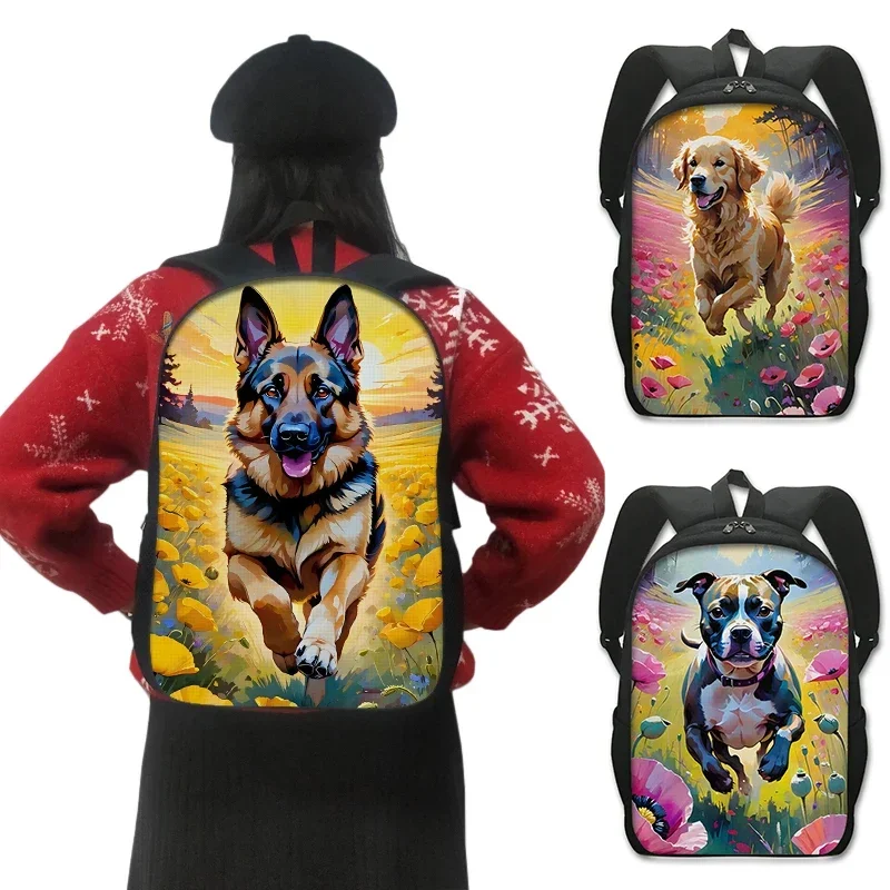 Flower Sea Dog Print Backpack Golden Retriever / German shepherd / Bull Terrier Children Schoolbags Women Men Laptop Bookbag