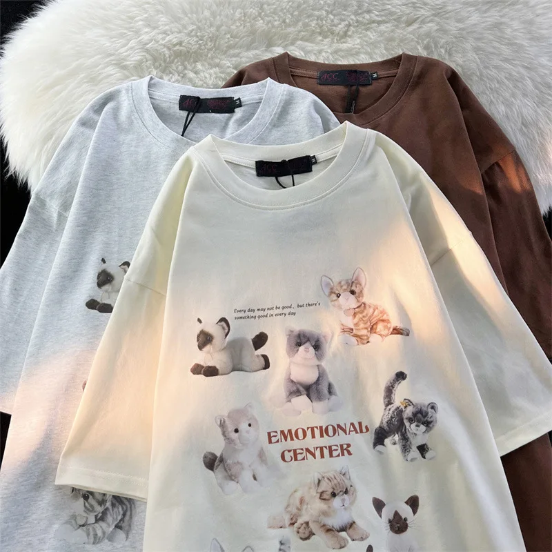 Women T Shirt Japanese Retro Cute Cartoon Cat Short-sleeved T-shirt Women\'s Loose Korean Top Y2k Top Women Clothing Tops