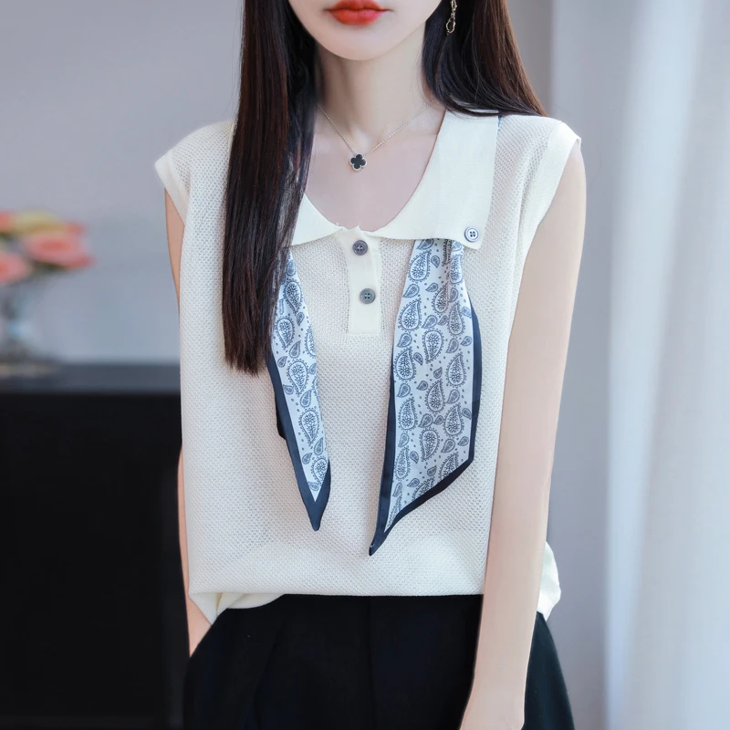 High End 100% Lyocell Short Sleeved POLO Collar Tshirt, Summer Fashion, Lapel Scarf, Knitted Sleeveless Vest, pullover Loose Top