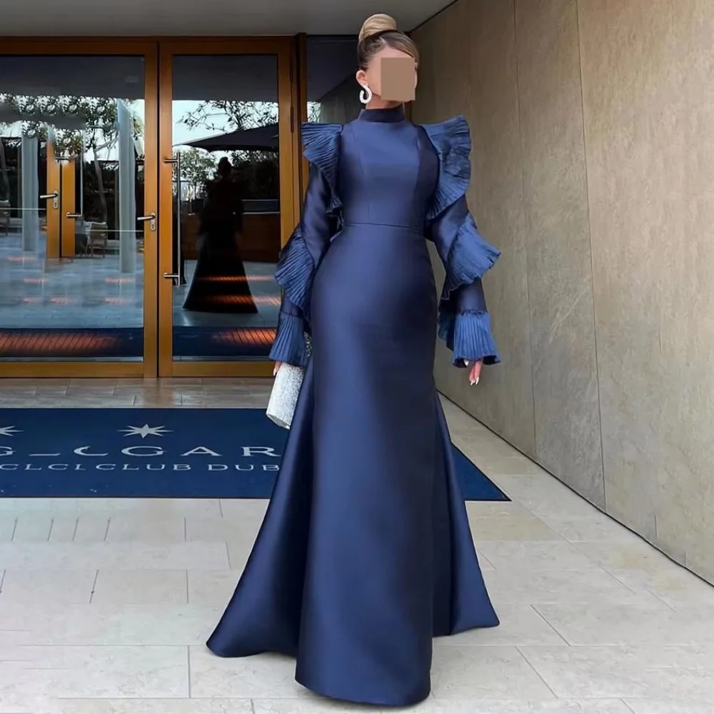 

Customized Exquisite High-neck Mermaid Evening Dress Charming Ruched Prom Dress Long Sleeve Party Gown вечернее платье