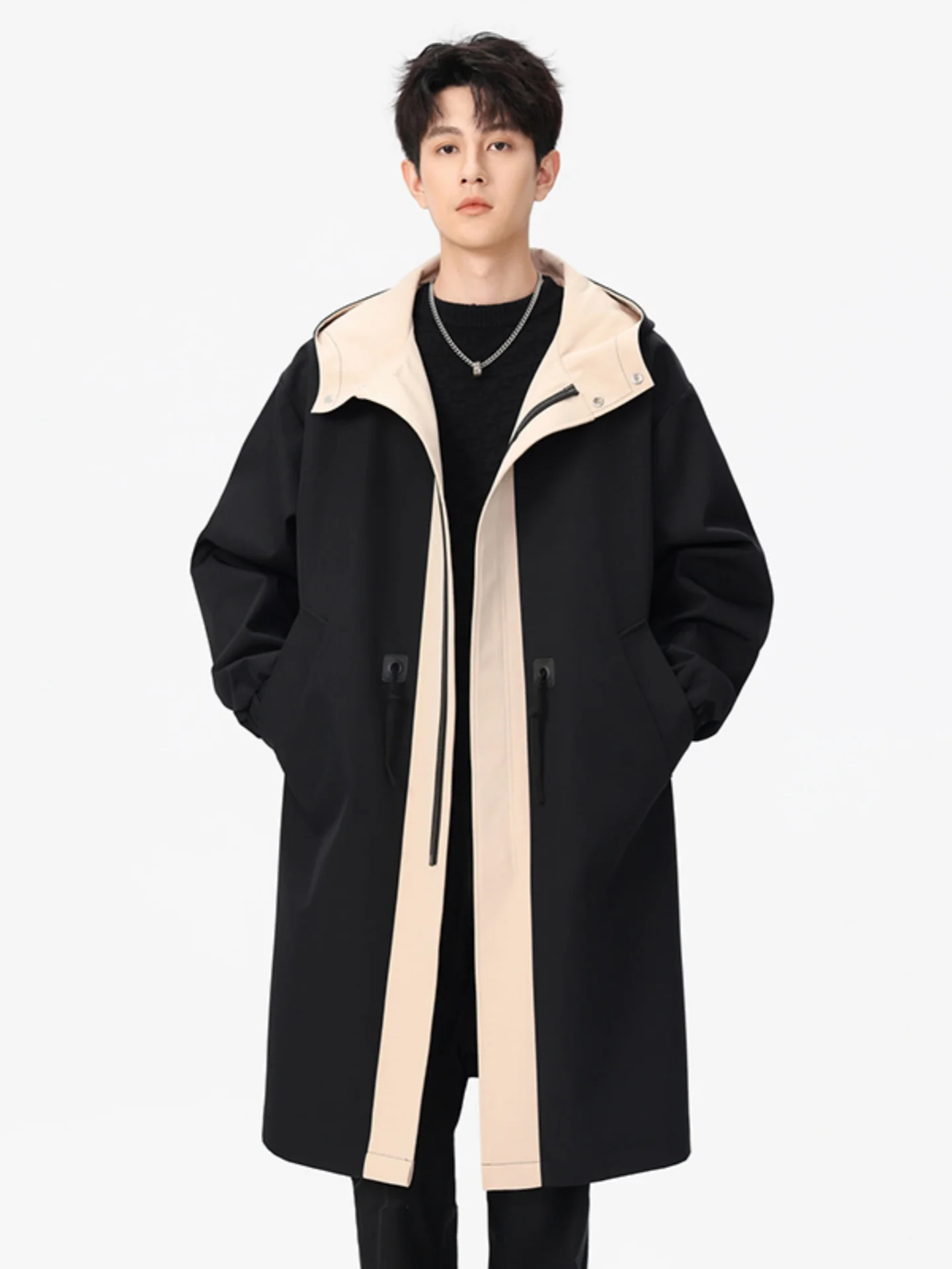 

American Retro Patchwork Color Hooded Jaet Men's Mid-Length Coat Autumn High-End Feeling Cool Sle Workwear Coat