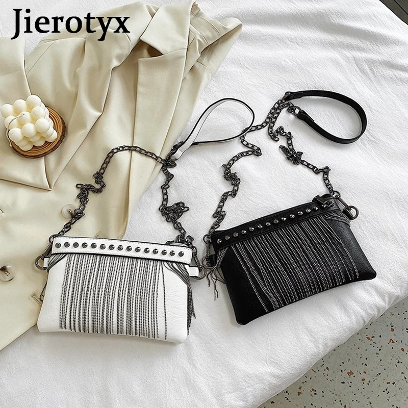 JIEROTYX Womens Crossbody Bags Small Tassel Rivet Shoulder Bag with Chain Strap Purse Pack Handbags for Girls Black White