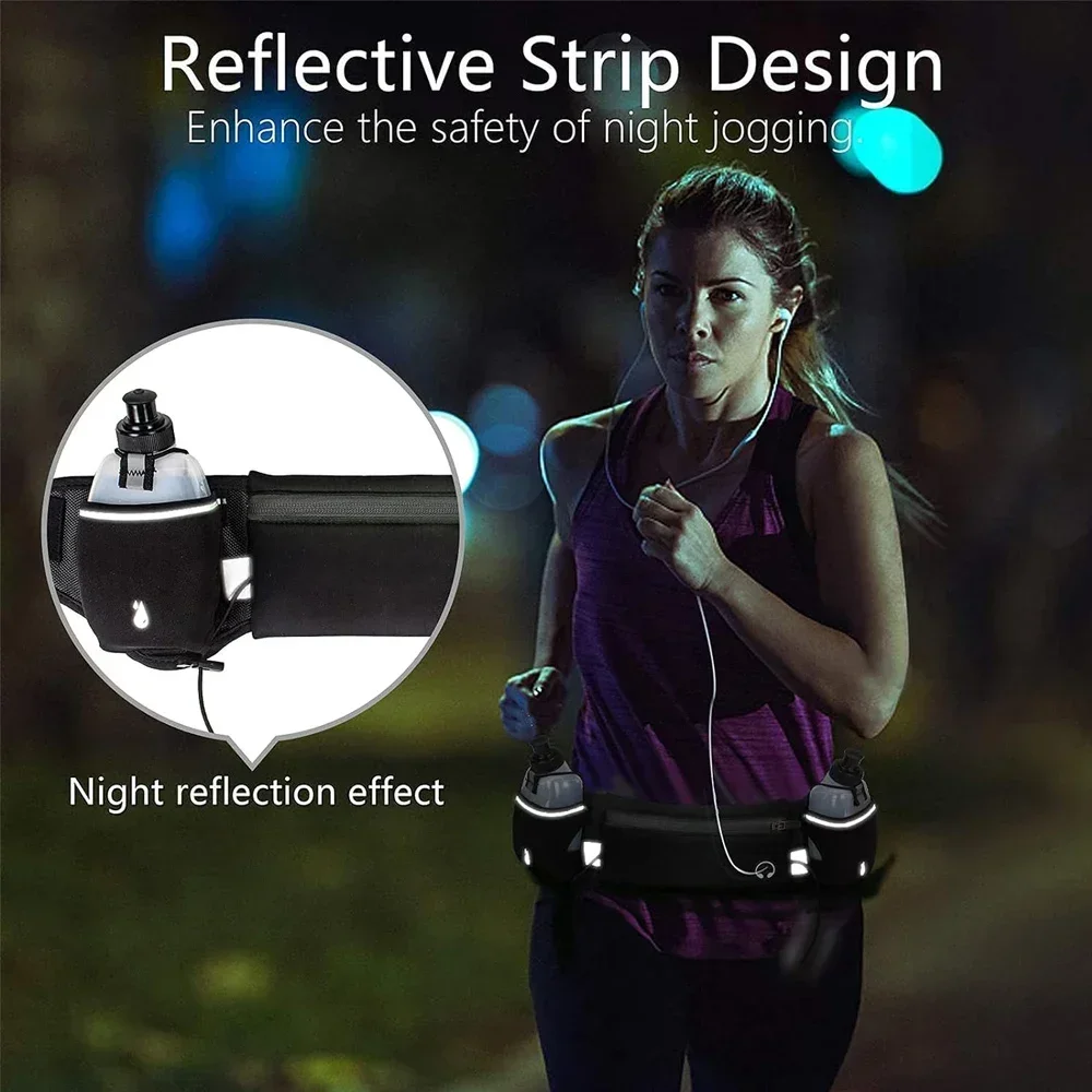 Sports Running Hydration Fanny Pack Belt, Dual Bottle Pockets, Race Bib Fixing Strap, Waterproof Waist Bag Fits 7