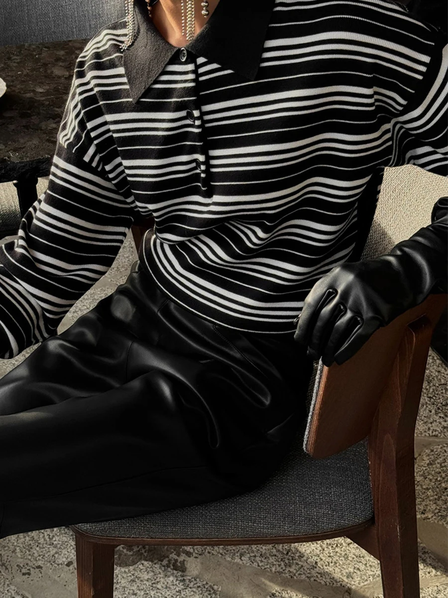 Vintage listrado de malha camiseta feminina outono botões turndown colarinho manga longa camisetas simples moda casual pulôver topos