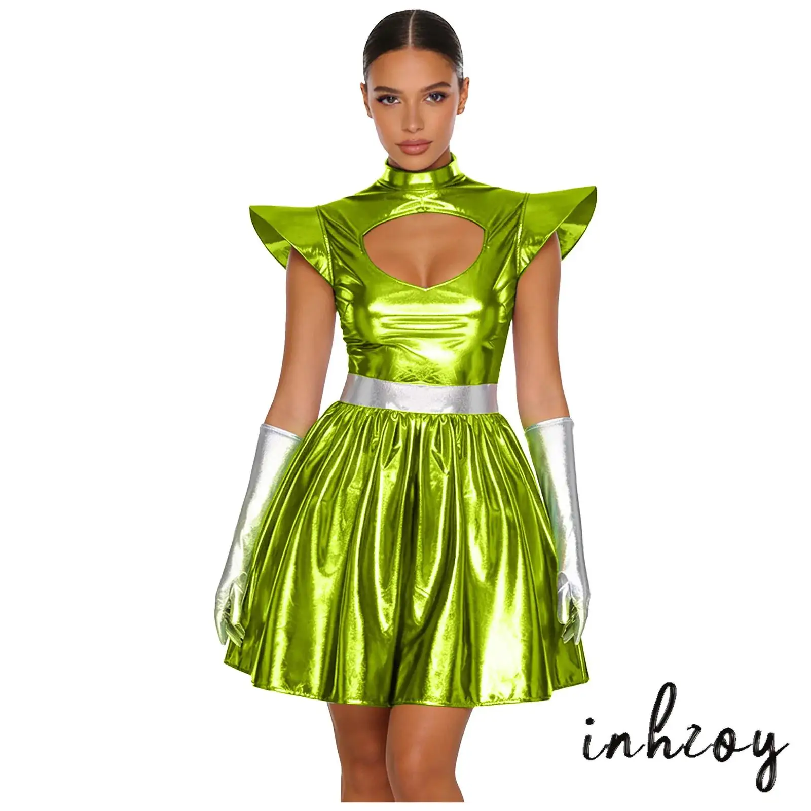 

Womens Cosmic Explorer Dress Wear Metallic Shine Boards Cutout Neck A-line Dress with Gloves Set Astronaut Alien Cosplay Costume