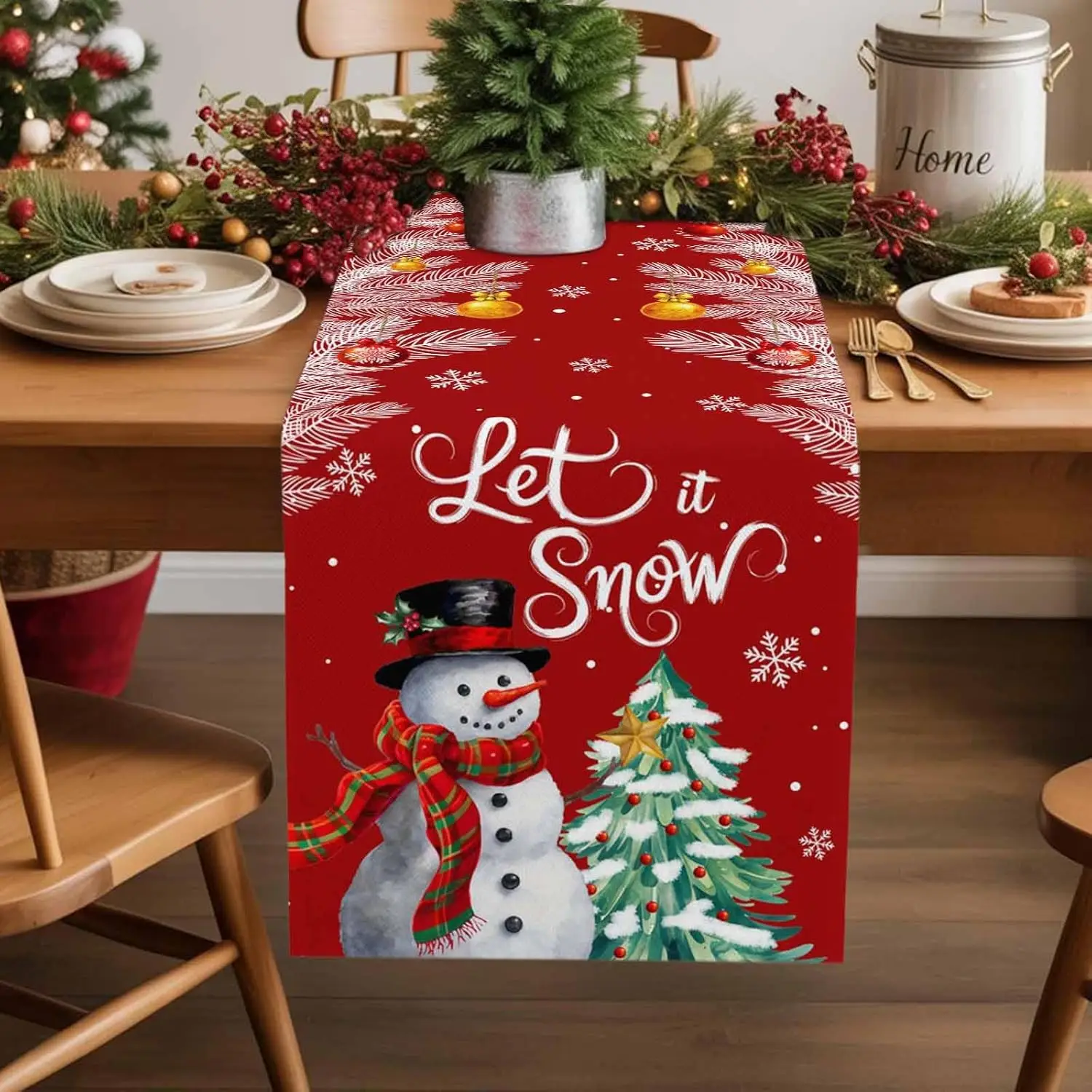 Christmas Let Snow Snowman Snowflake Linen Table Runner Party Decor Winter Xmas Kitchen Dining Table Runner Christmas Decoration