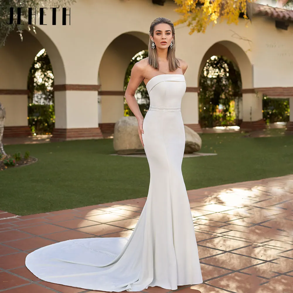 JEHETH Strapless Mermaid Satin Wedding Dresses Backless Sleeveless Bride Gowns Back Buttons Custom Made vestidos para mujer 2024