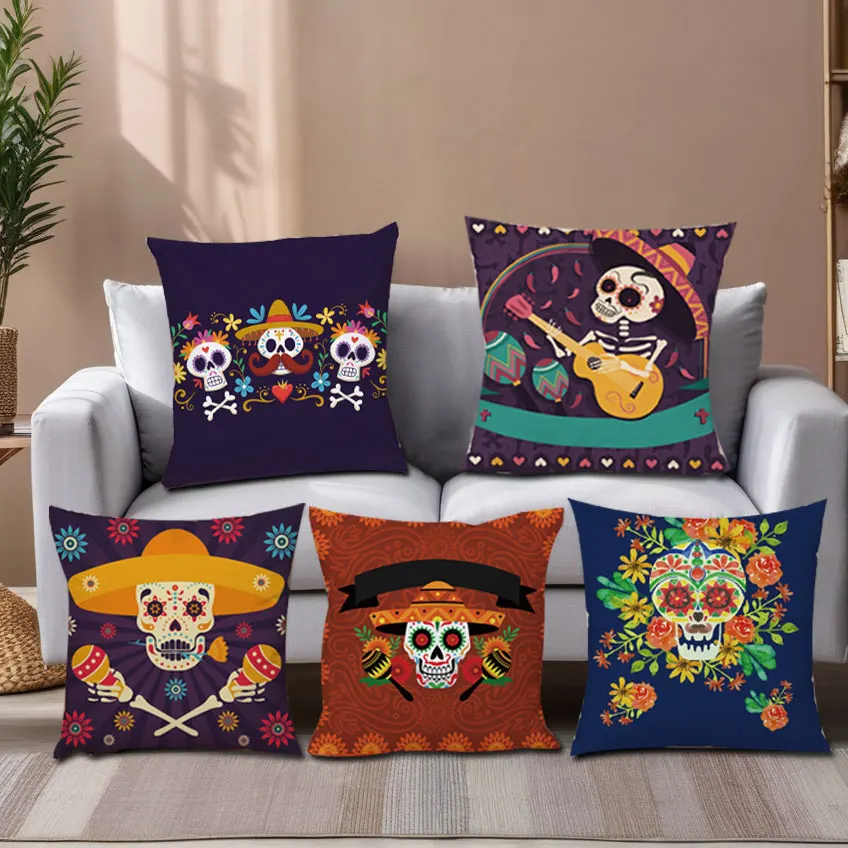 Mexican Day of The Dead Pillowcase Bedroom Living Room Sofa Home Decoration Cartoon Flower Skull Print Cushion Cover