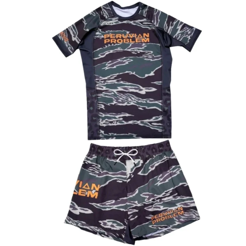 New men's camouflage theme for 2026, durable short sleeved shorts two-piece set, sweat absorbing and breathable training suit