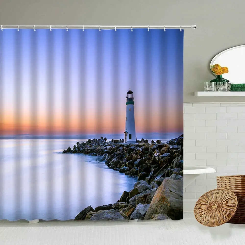 Nautical Lighthouse Printed Bathroom Shower Curtain Ocean Landscape Bath Curtains Bathtub Screen Home Decoration with Hooks
