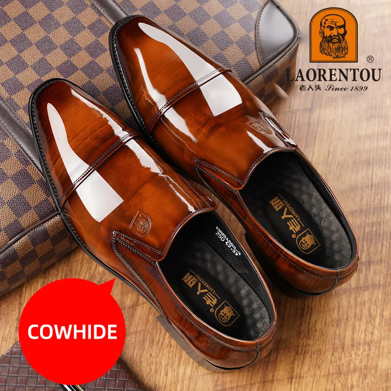 

Мужские Блестящие деловые туфли LAORENTOU, черные повседневные свадебные туфли из натуральной кожи, с острым носком, в британском стиле, модель 9A602, 2019