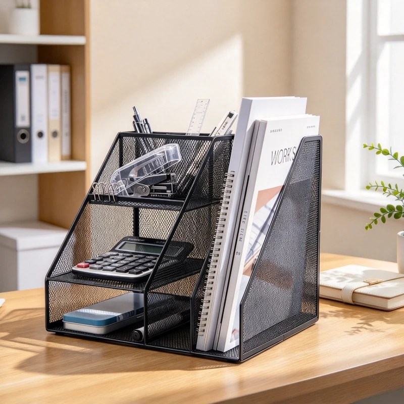 Metal Mesh File Organizer with Pen Holder and Tiered Compartments Black Desktop Document Rack for Neat Office Storage