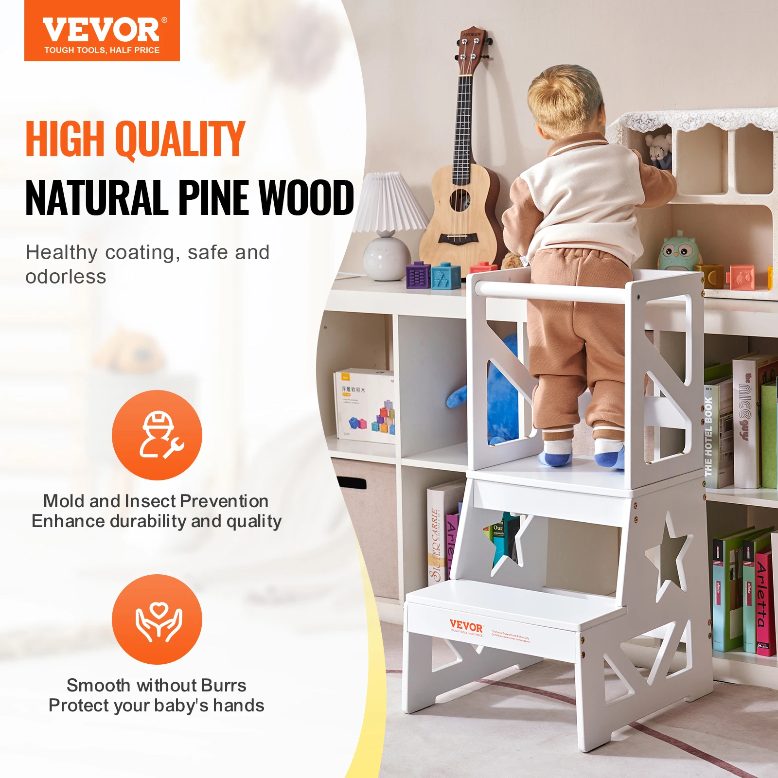 Imagem -02 - Vevor-toddler Natural Pine Wood Step Stool Ajudante para Quarto Banheiro Balcão da Cozinha Branco Madeira Cinza