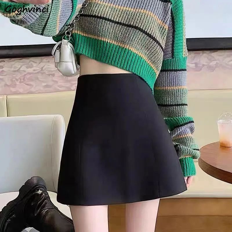 

Woolen Mini Black Skirts Women A-line Slim Hip Wrap Autumn Winter Lining Empire Simple Chic All-match Female Streetwear Vintage