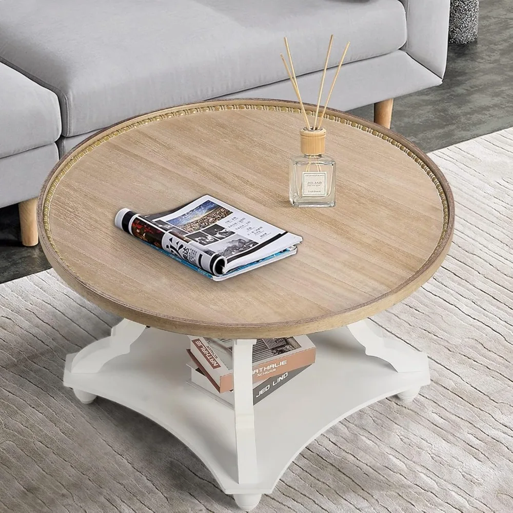 

Farmhouse Round Coffee Table, Wood Tray Top Circle Coffee Table with Storage Shelf for Living Room, Space saving Sofa table