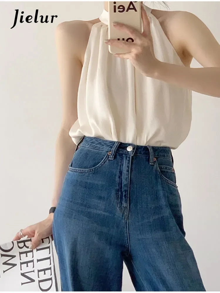 Jielur Summer New Solid Color Slim Women Blouse Sweet Ladies French Halter Blouse Woman Beige Simple Basic Sleeveless Top Female