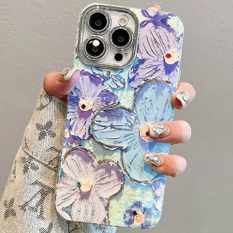 Doce flores glitter laser caso de telefone para iphone 16 pro max 15 14 plus 13 12 11 diamante macio à prova de choque lente proteção capa