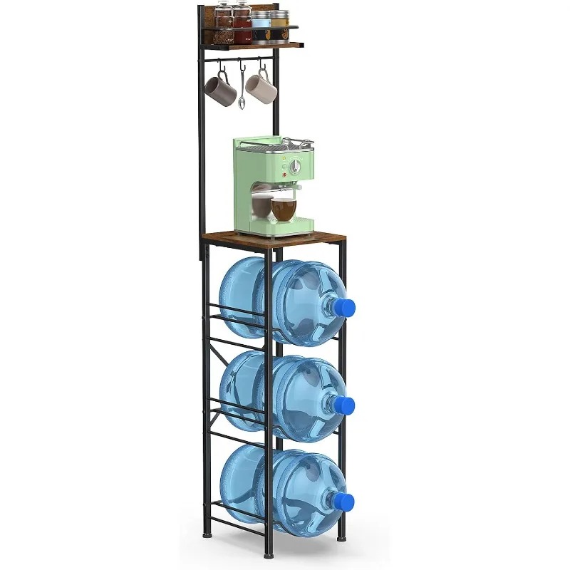 3-Tier 5 Gallon Water Jug Holder with Wood Storage Shelve 3 Hooks, 5 Gallon Water Bottle Holder