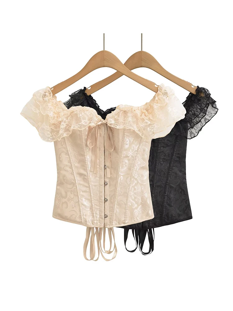 

Vintage Lace Off Shoulder Tops Women Sleeveless Drawstring Slim Black Corset Top