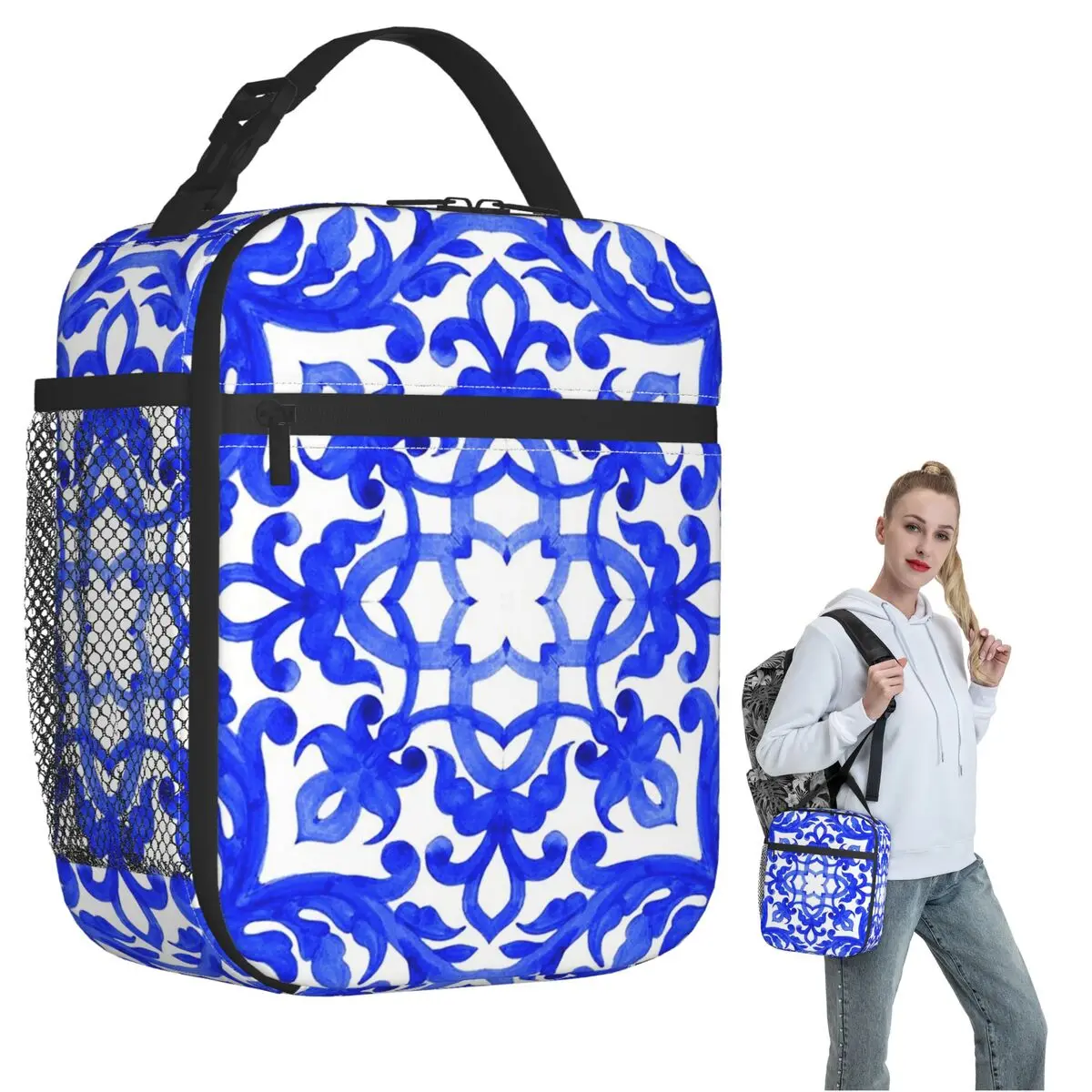 Portuguese Azulejo Tiles Insulated Lunch Bag for Women Kids Portable Food Boxes Thermal Lunch Box Tote