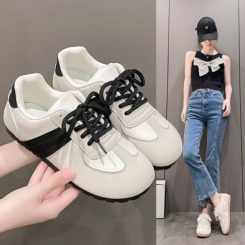 

New Style Fashion Women Soft Leather Shoes Comfortable Breathable Casual Sneaker Lace Up Non-slip Flat Sports Shoes Running Shoe