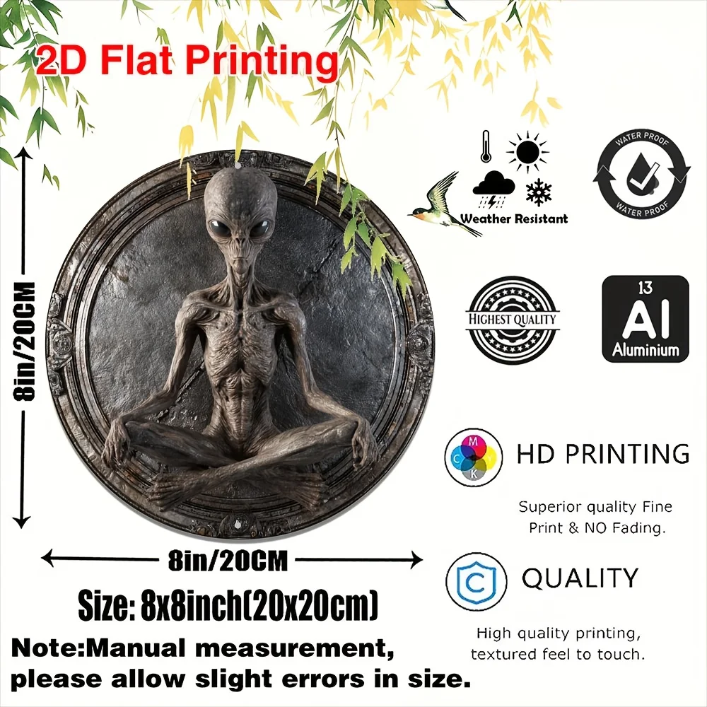 2D Flat, Metal Round Sign, Bohemian Style, Alien Meditating, Suitable for Courtyard, Kitchen, Home, Office, Rustic Wall Decor